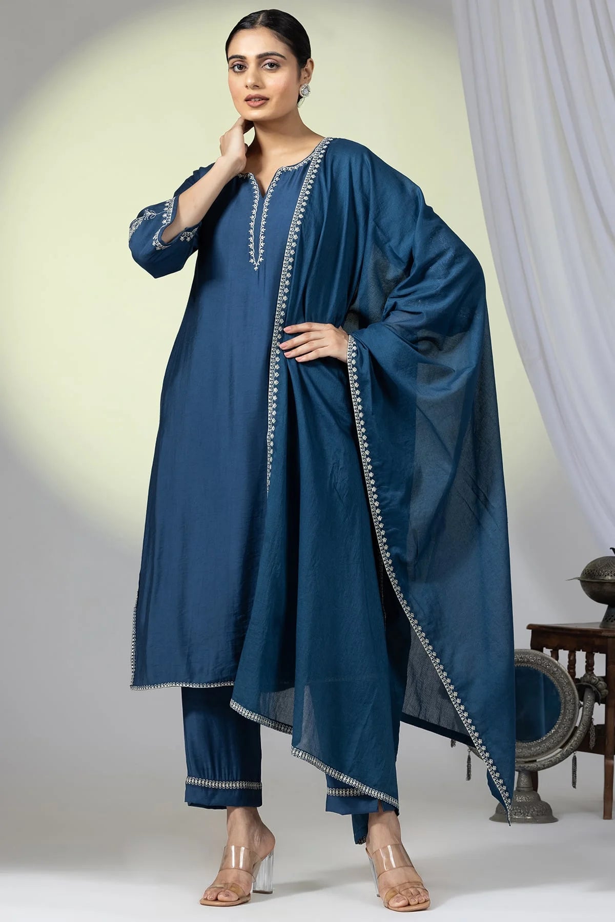 Embellished Teal Viscose Satin Ensemble Kurti