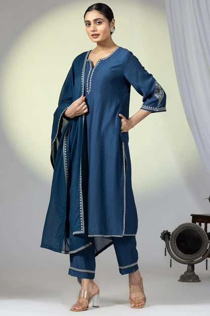 Embellished Teal Viscose Satin Ensemble Kurti