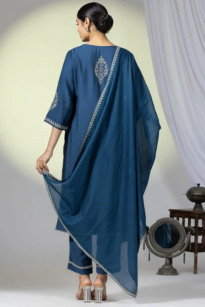 Embellished Teal Viscose Satin Ensemble Kurti