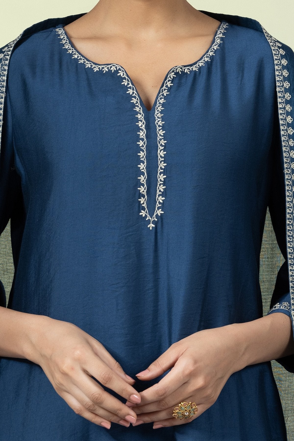 Embellished Teal Viscose Satin Ensemble Kurti