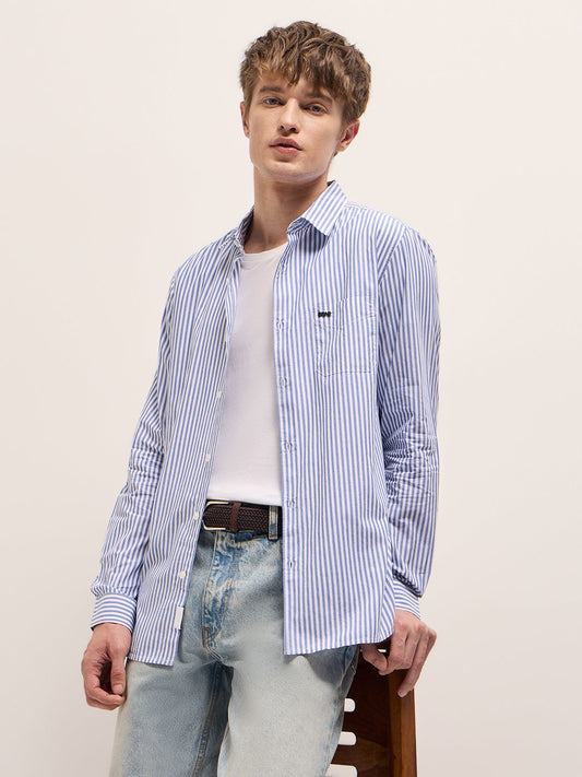 White with Blue Vertical Stripes Slim Fit Casual Shirt
