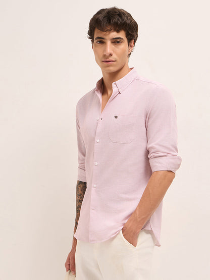 Red Woven Pinstripes Slim Fit Casual Shirt