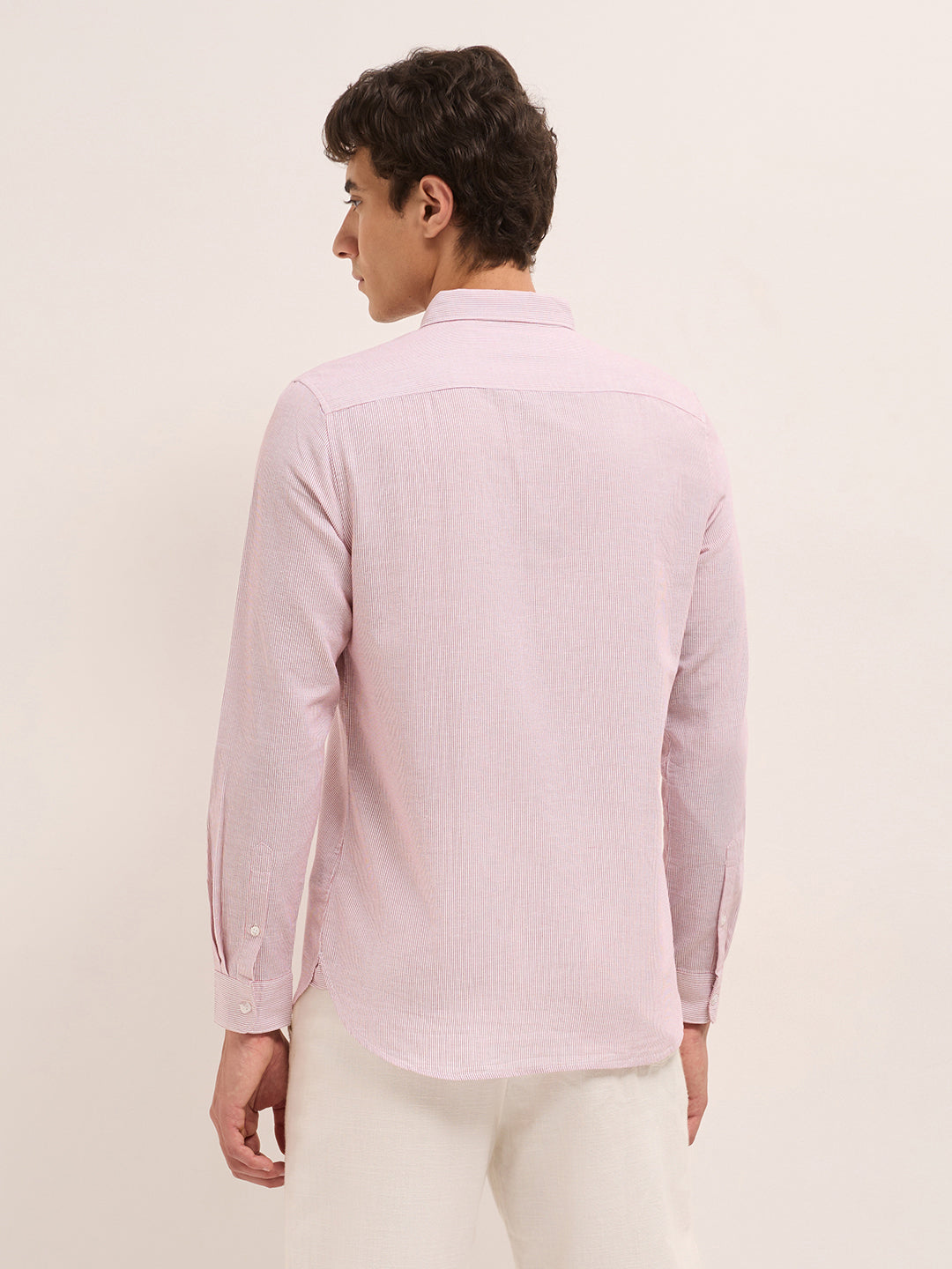 Red Woven Pinstripes Slim Fit Casual Shirt