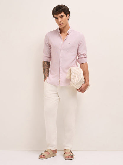 Red Woven Pinstripes Slim Fit Casual Shirt