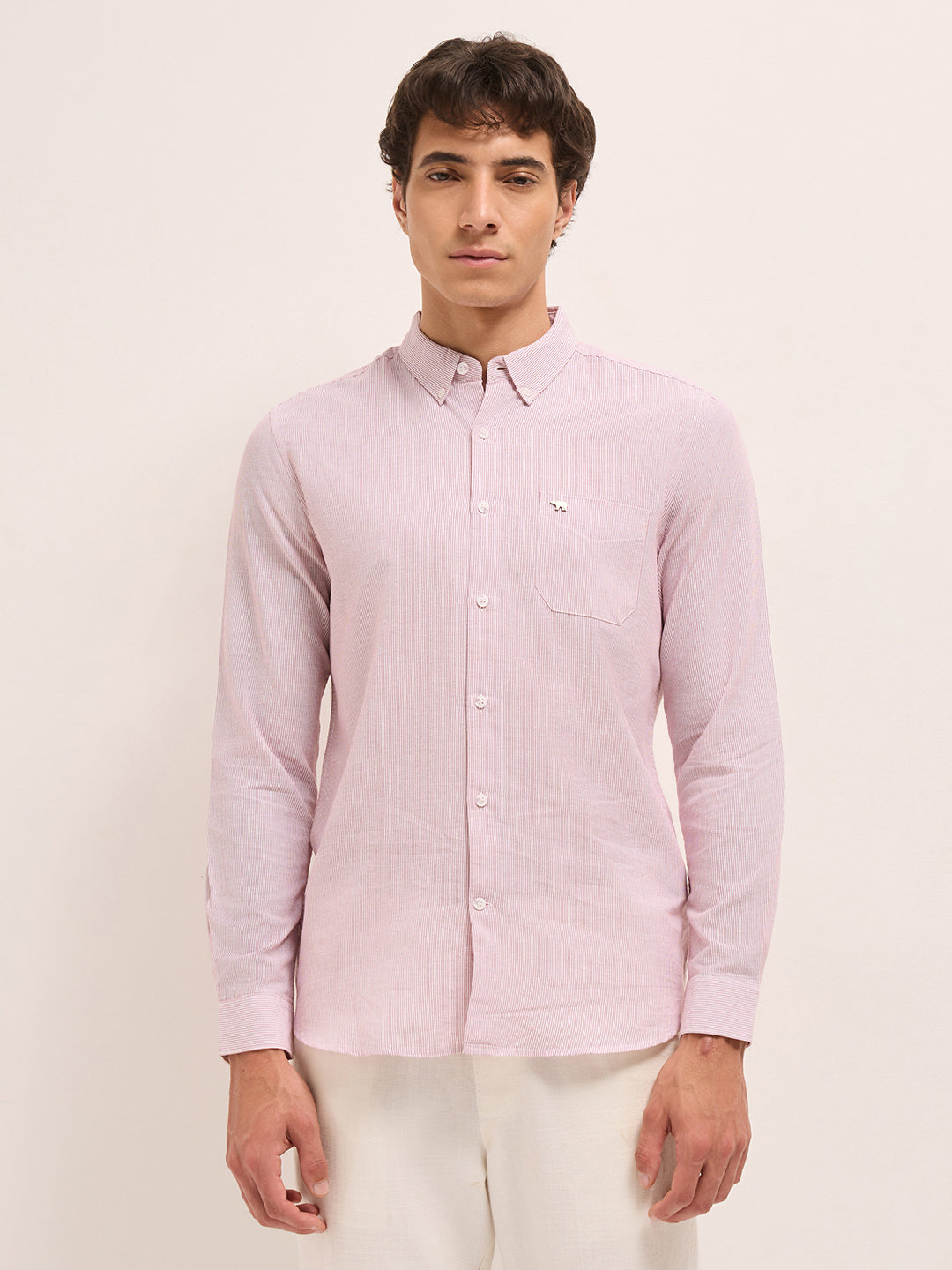 Red Woven Pinstripes Slim Fit Casual Shirt