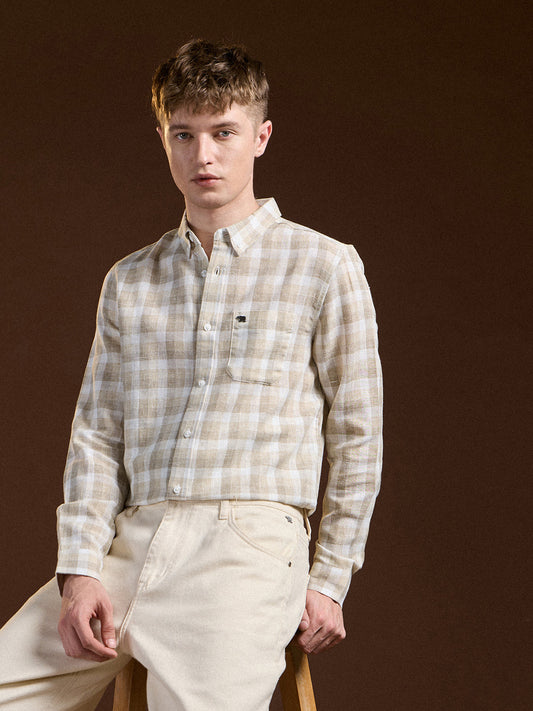 Beige Checked Slim Fit Casual Shirt