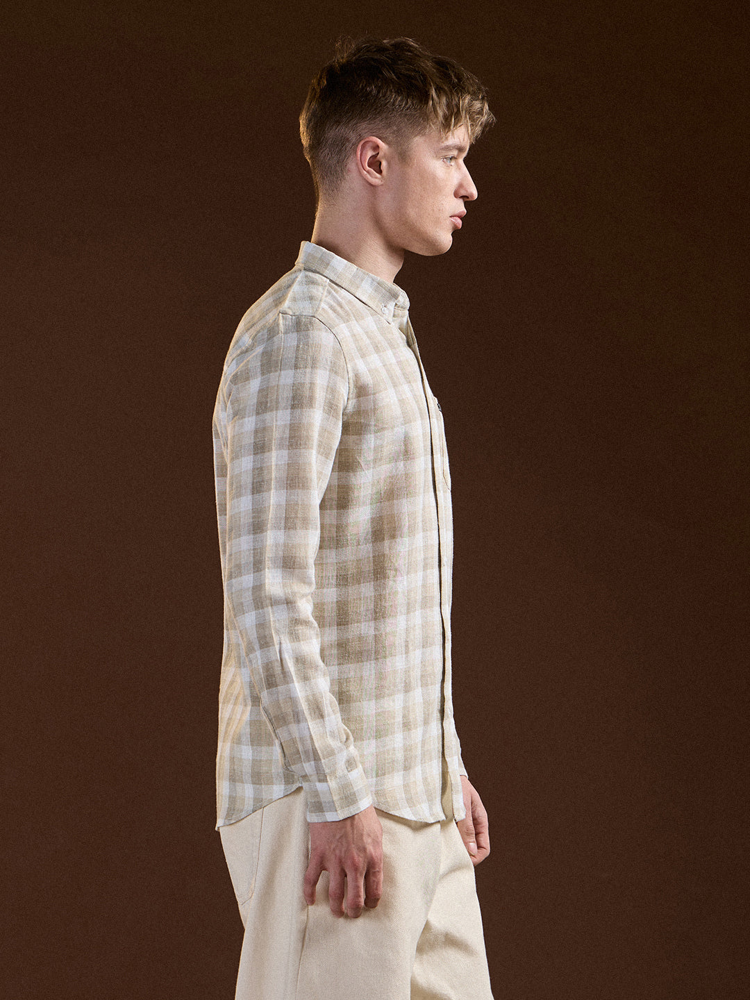 Beige Checked Slim Fit Casual Shirt