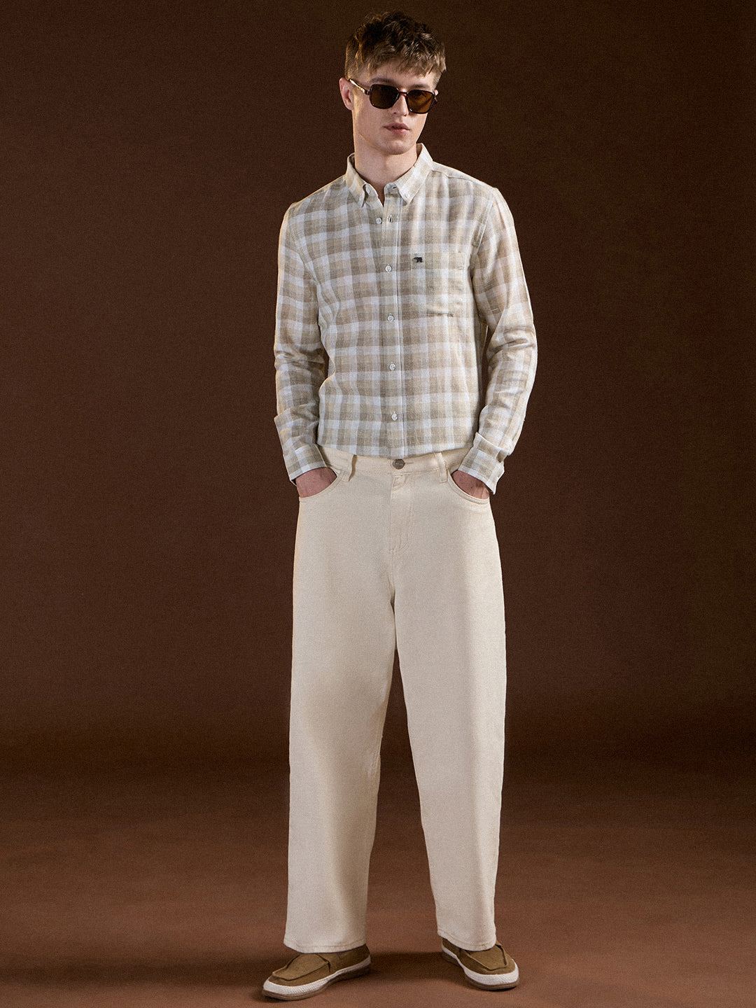 Beige Checked Slim Fit Casual Shirt