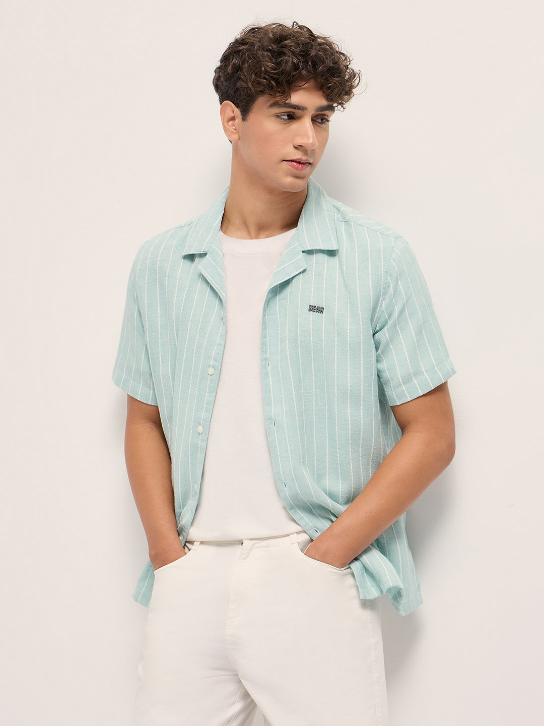 Teal Linen Vertical Textured Stripe Relaxed Fit Half Sleeve Casual Shirt