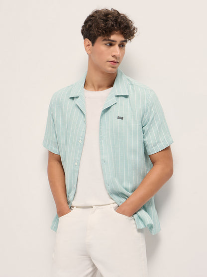 Teal Linen Vertical Textured Stripe Relaxed Fit Half Sleeve Casual Shirt