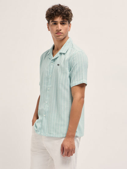 Teal Linen Vertical Textured Stripe Relaxed Fit Half Sleeve Casual Shirt