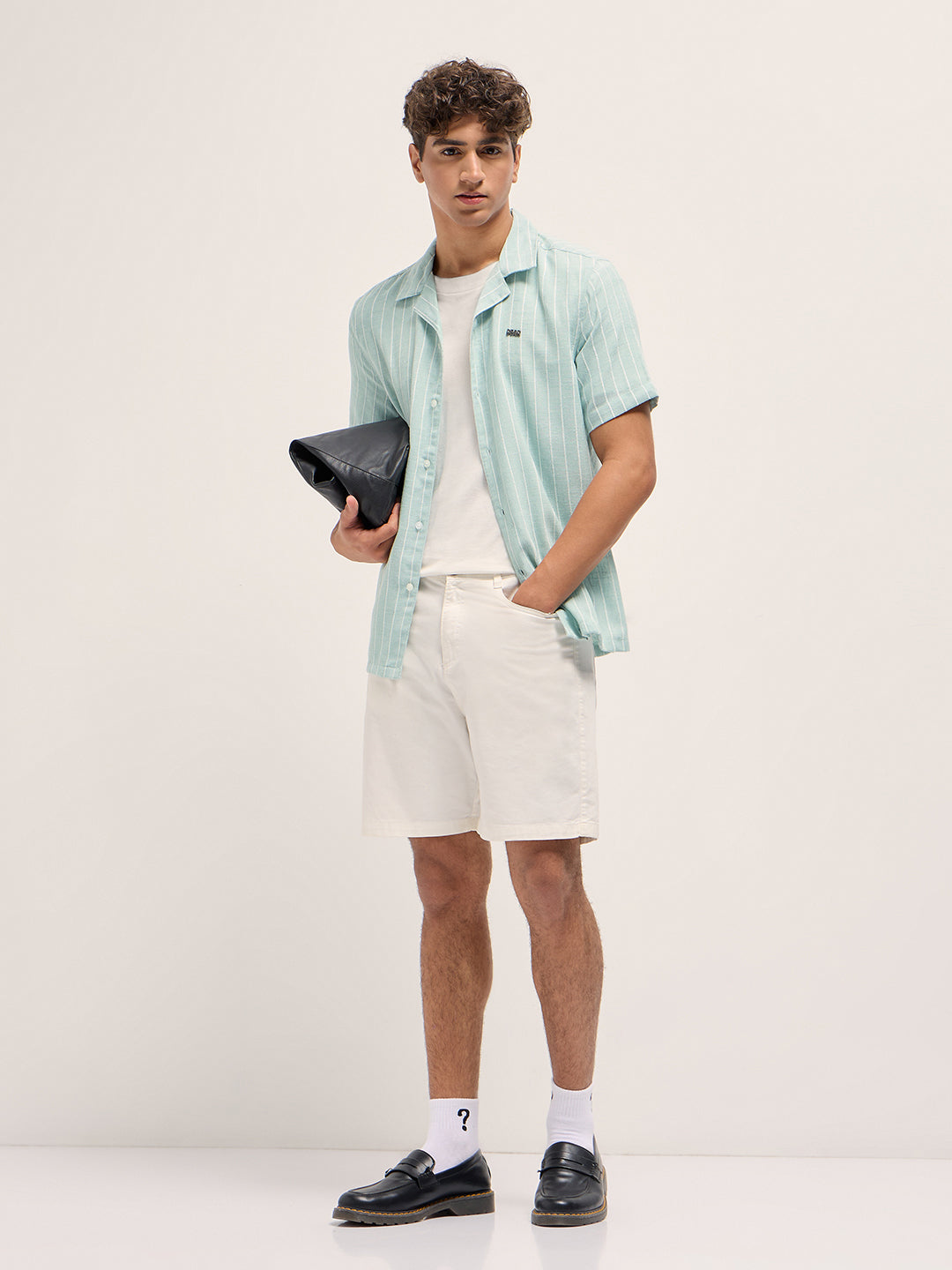 Teal Linen Vertical Textured Stripe Relaxed Fit Half Sleeve Casual Shirt