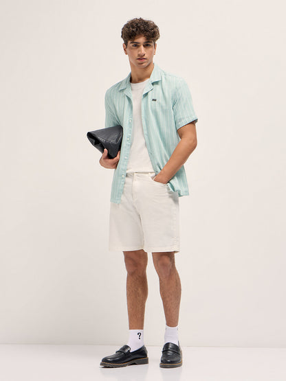 Teal Linen Vertical Textured Stripe Relaxed Fit Half Sleeve Casual Shirt