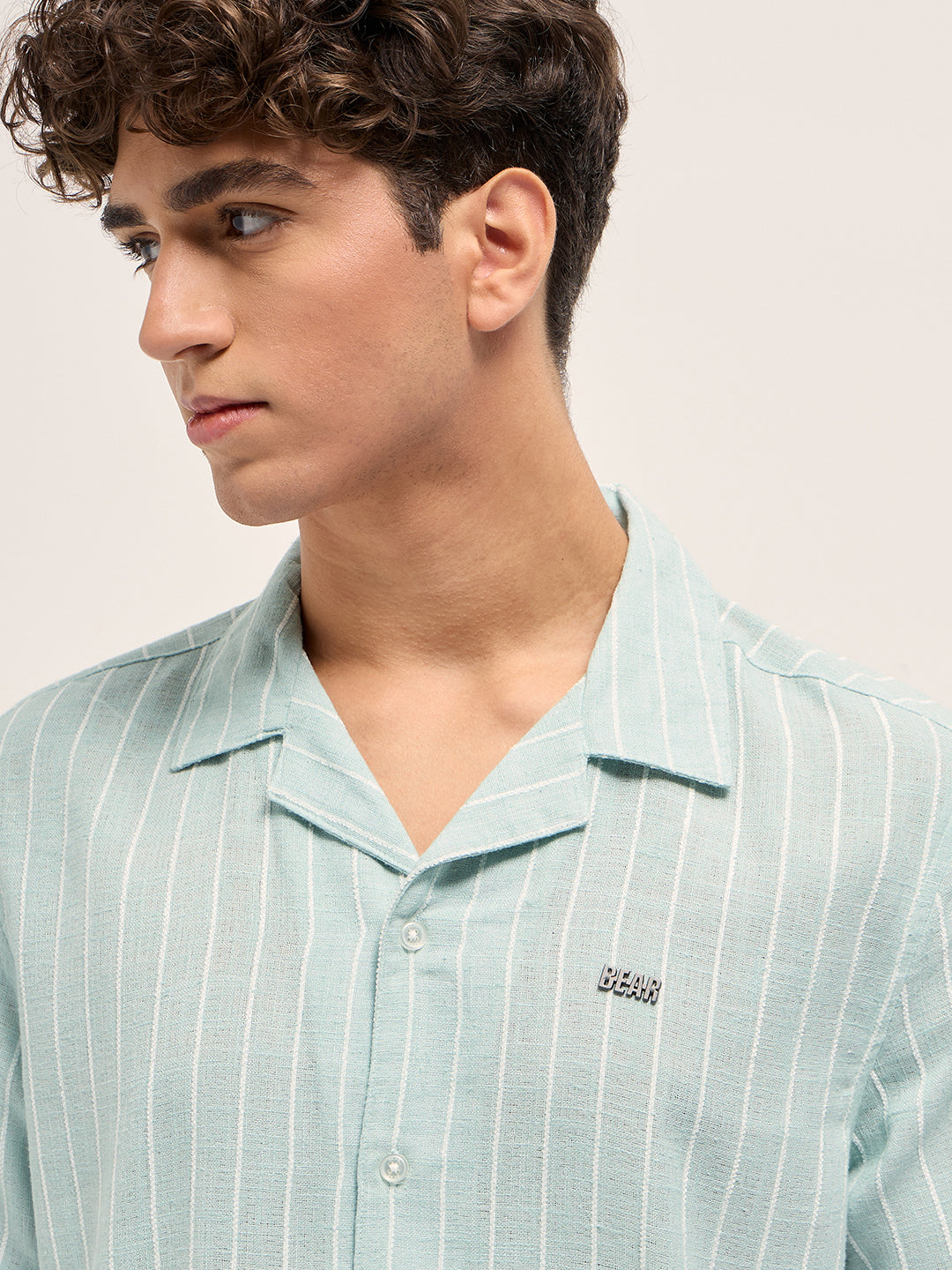 Teal Linen Vertical Textured Stripe Relaxed Fit Half Sleeve Casual Shirt