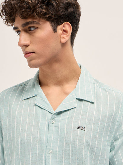 Teal Linen Vertical Textured Stripe Relaxed Fit Half Sleeve Casual Shirt