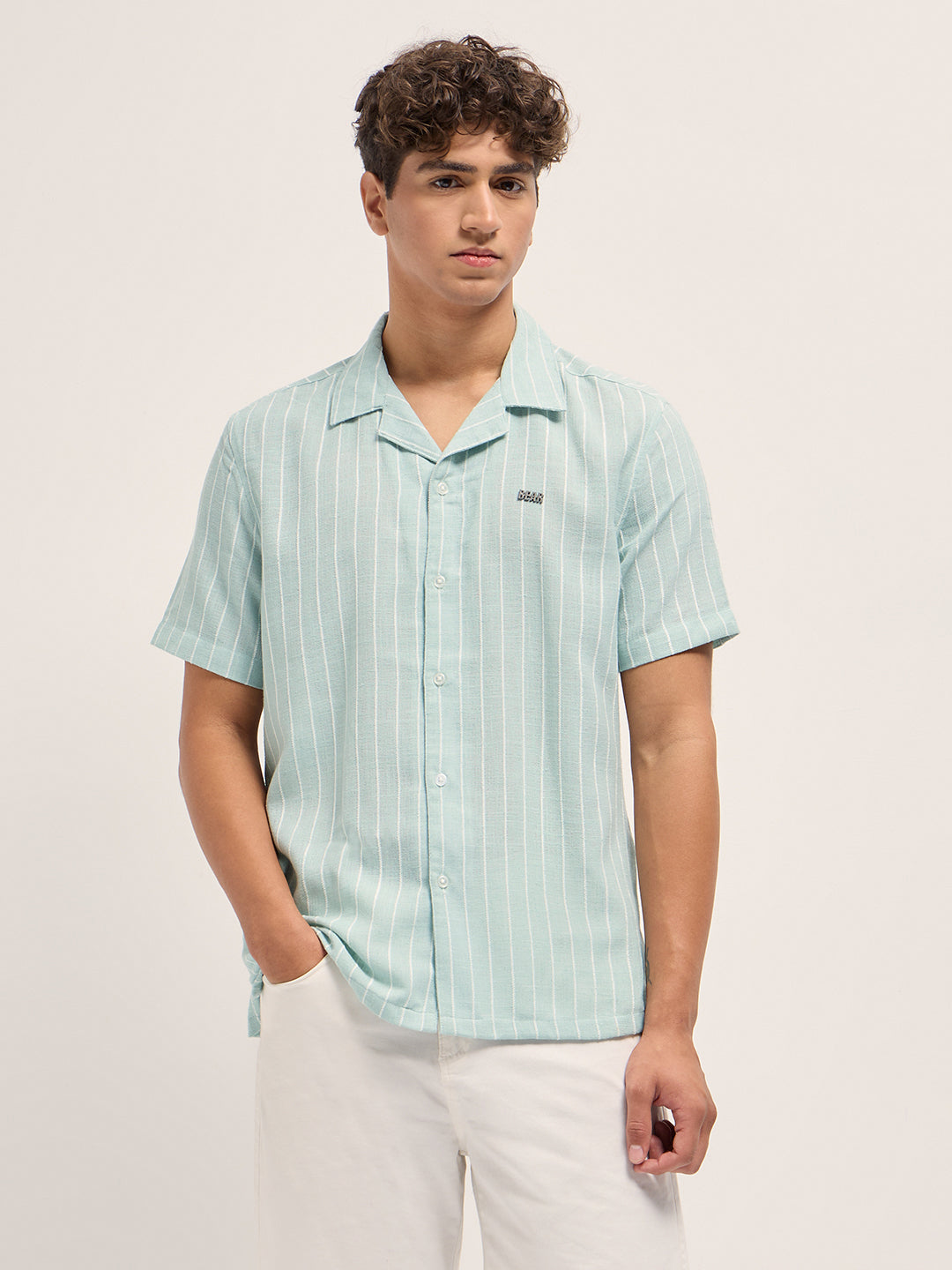 Teal Linen Vertical Textured Stripe Relaxed Fit Half Sleeve Casual Shirt