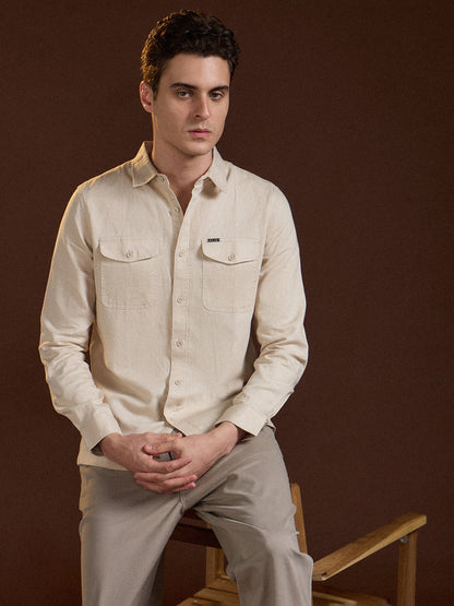 Beige Solid Slim Fit Casual Shirt with Flap Pockets