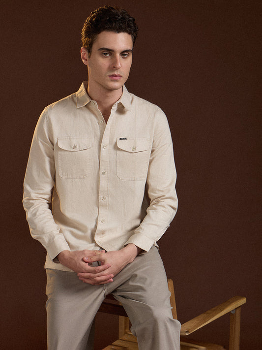 Beige Solid Slim Fit Casual Shirt with Flap Pockets