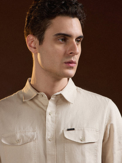 Beige Solid Slim Fit Casual Shirt with Flap Pockets