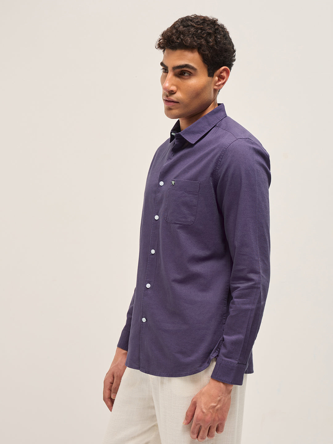 Purple Cotton Linen Slim Fit Solid Casual Shirt