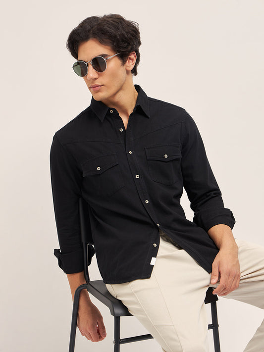 Black Regular Fit Full Sleeve Shirt with Flap Pockets