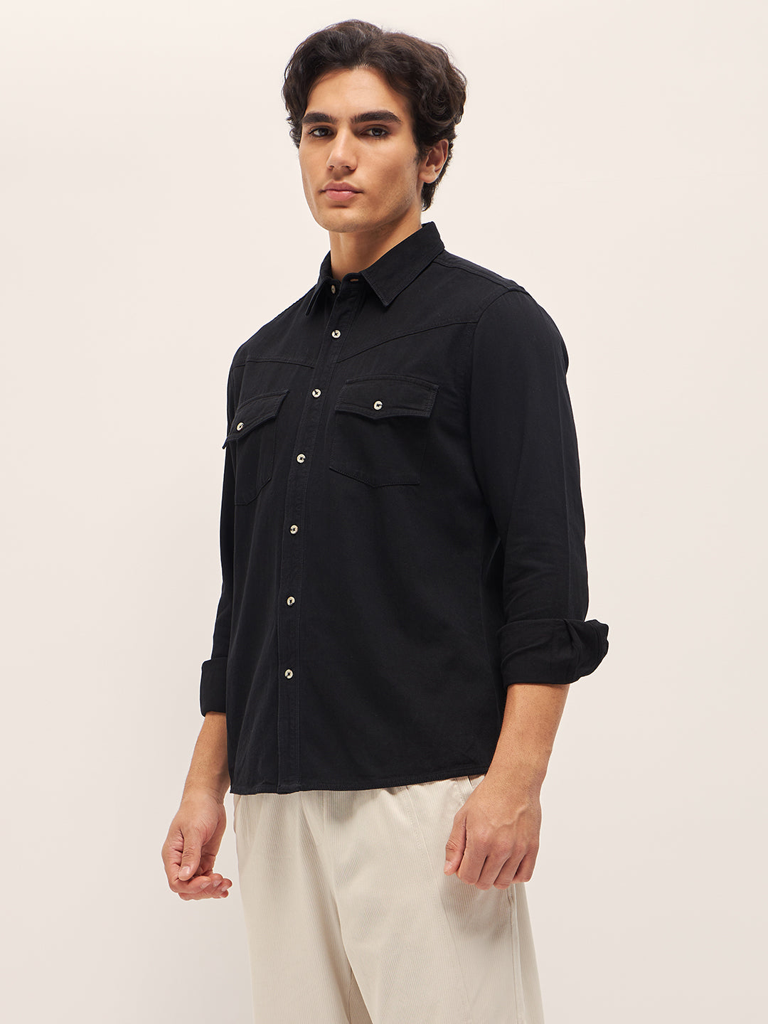 Black Regular Fit Full Sleeve Shirt with Flap Pockets