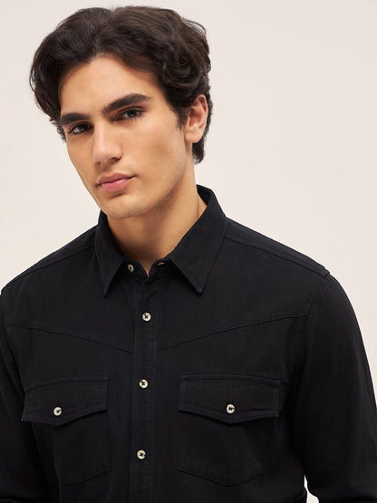 Black Regular Fit Full Sleeve Shirt with Flap Pockets