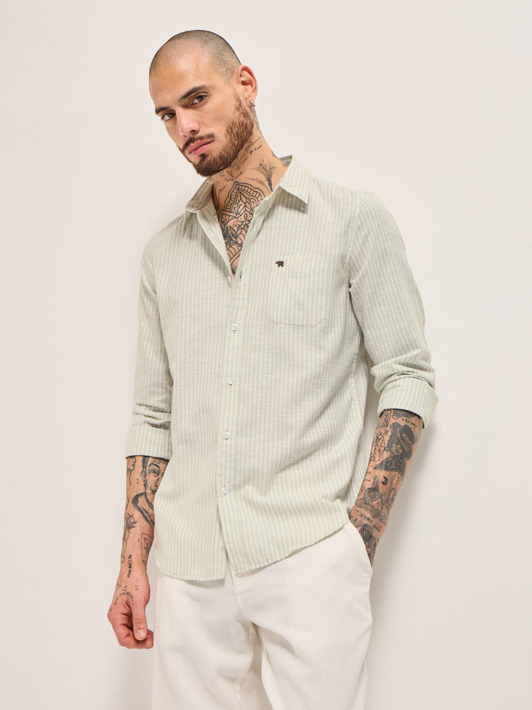 Green with White Vertical Pin Stripes Slim Fit Casual Shirt