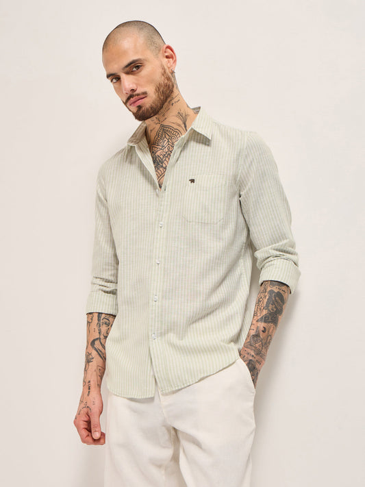 Green with White Vertical Pin Stripes Slim Fit Casual Shirt