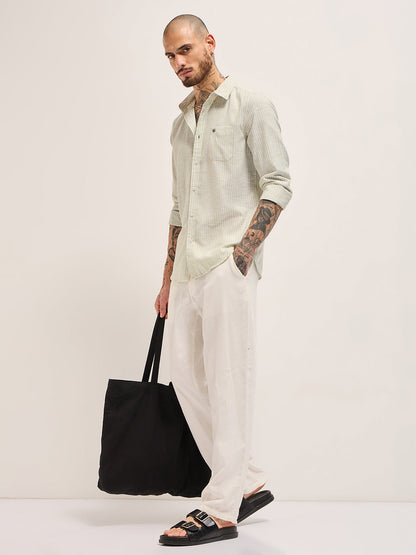 Green with White Vertical Pin Stripes Slim Fit Casual Shirt