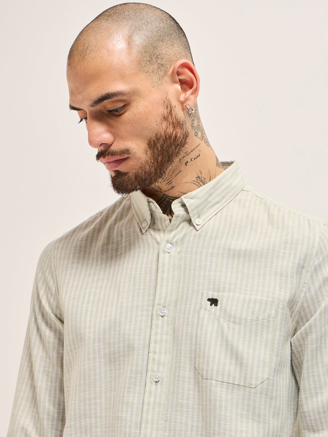 Green with White Vertical Pin Stripes Slim Fit Casual Shirt