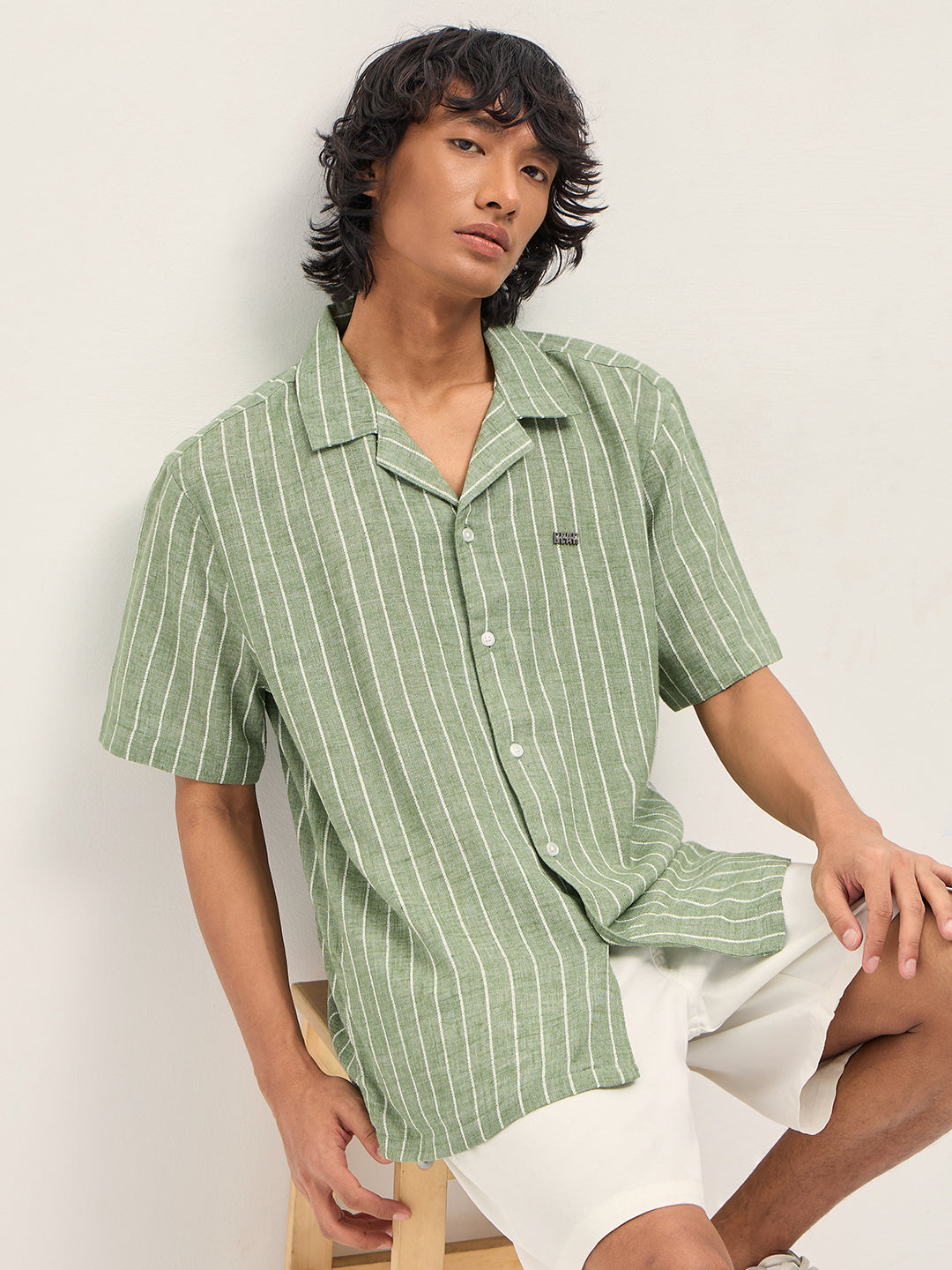 Green Vertical Textured Stripe Relaxed Fit Half Sleeve Casual Shirt