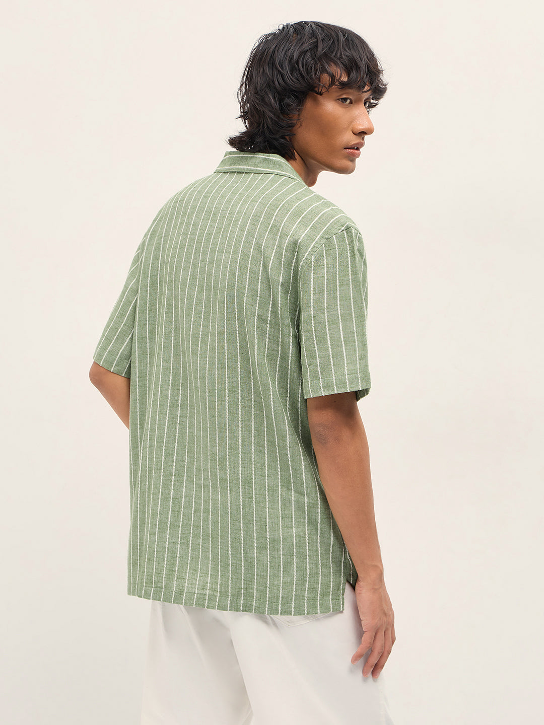 Green Vertical Textured Stripe Relaxed Fit Half Sleeve Casual Shirt