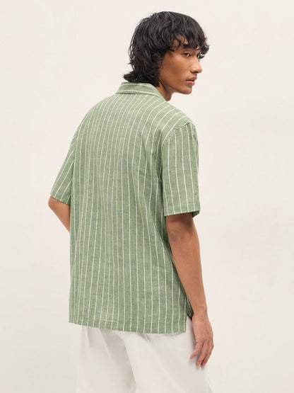 Green Vertical Textured Stripe Relaxed Fit Half Sleeve Casual Shirt
