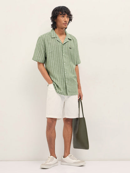 Green Vertical Textured Stripe Relaxed Fit Half Sleeve Casual Shirt