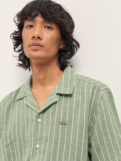 Green Vertical Textured Stripe Relaxed Fit Half Sleeve Casual Shirt