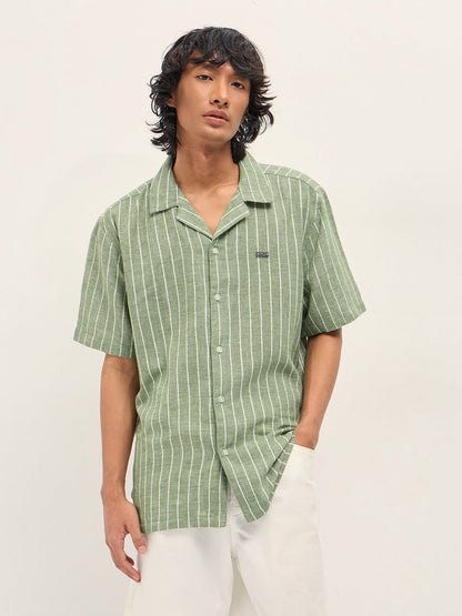 Green Vertical Textured Stripe Relaxed Fit Half Sleeve Casual Shirt