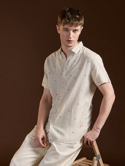 Cream Printed Slim Fit Casual Shirt