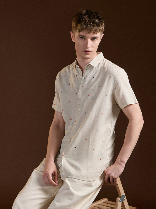 Cream Printed Slim Fit Casual Shirt