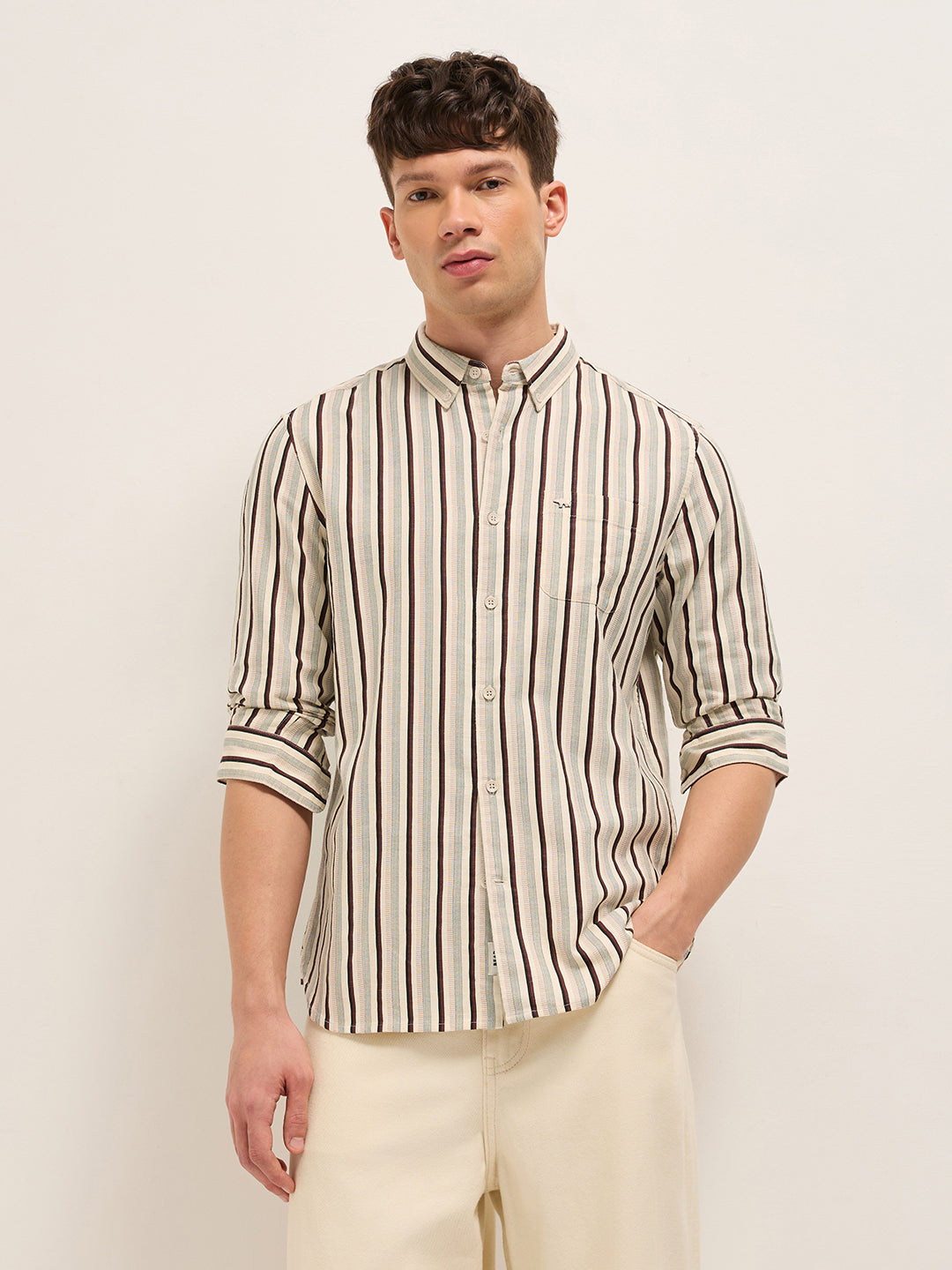 Multicolor Vertical Stripe Slim Fit Cotton Casual Shirt