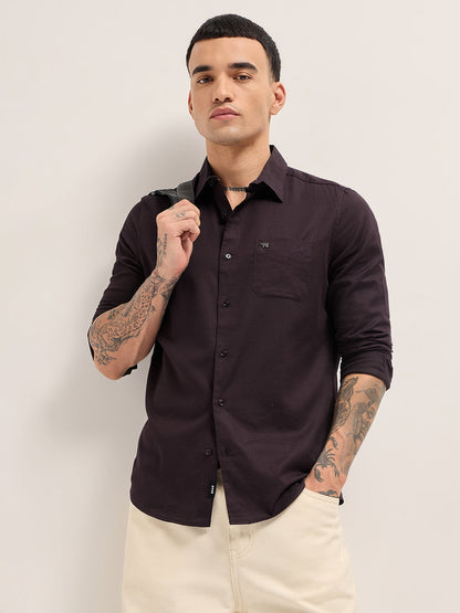 Maroon Solid Cotton Blend Slim Fit Casual Shirt
