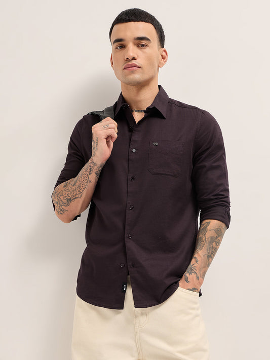 Maroon Solid Cotton Blend Slim Fit Casual Shirt