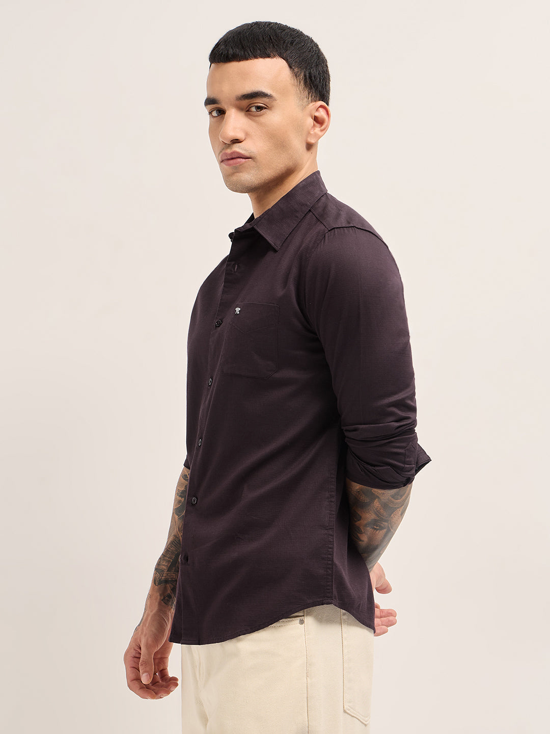 Maroon Solid Cotton Blend Slim Fit Casual Shirt