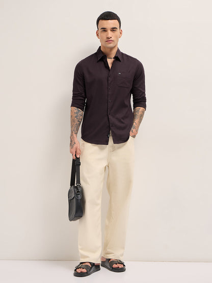 Maroon Solid Cotton Blend Slim Fit Casual Shirt