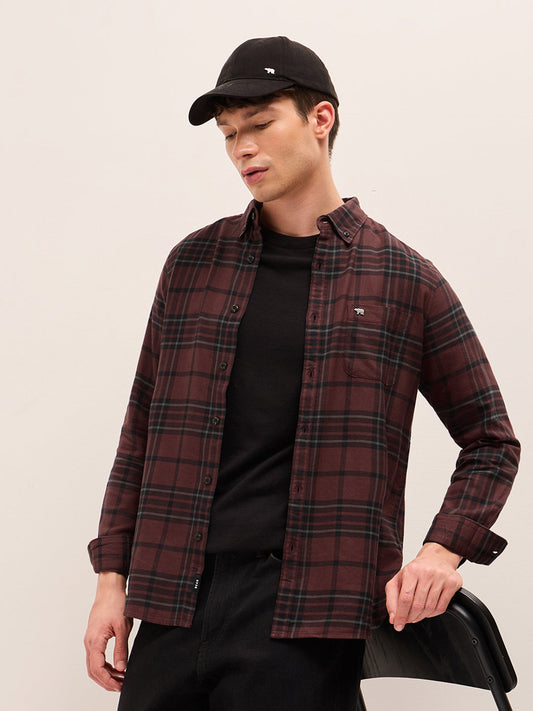 Maroon Checked Slim Fit Casual Shirt with Button-Down Collar