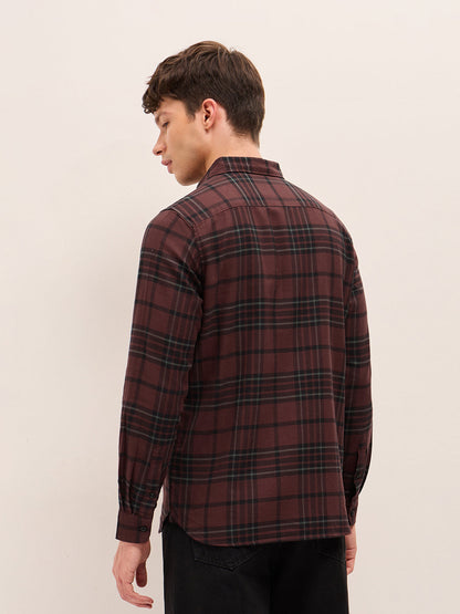 Maroon Checked Slim Fit Casual Shirt with Button-Down Collar