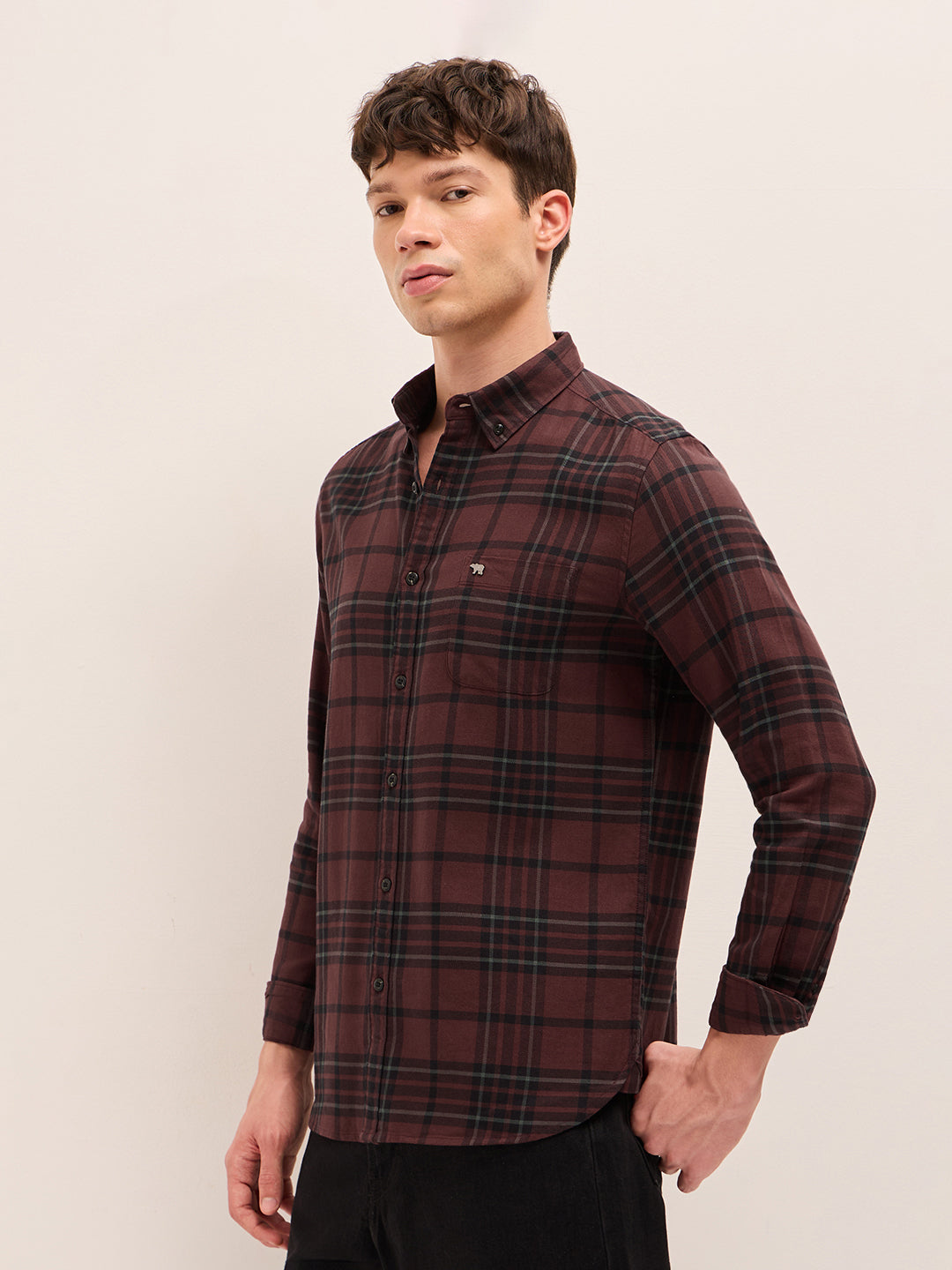 Maroon Checked Slim Fit Casual Shirt with Button-Down Collar