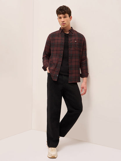 Maroon Checked Slim Fit Casual Shirt with Button-Down Collar