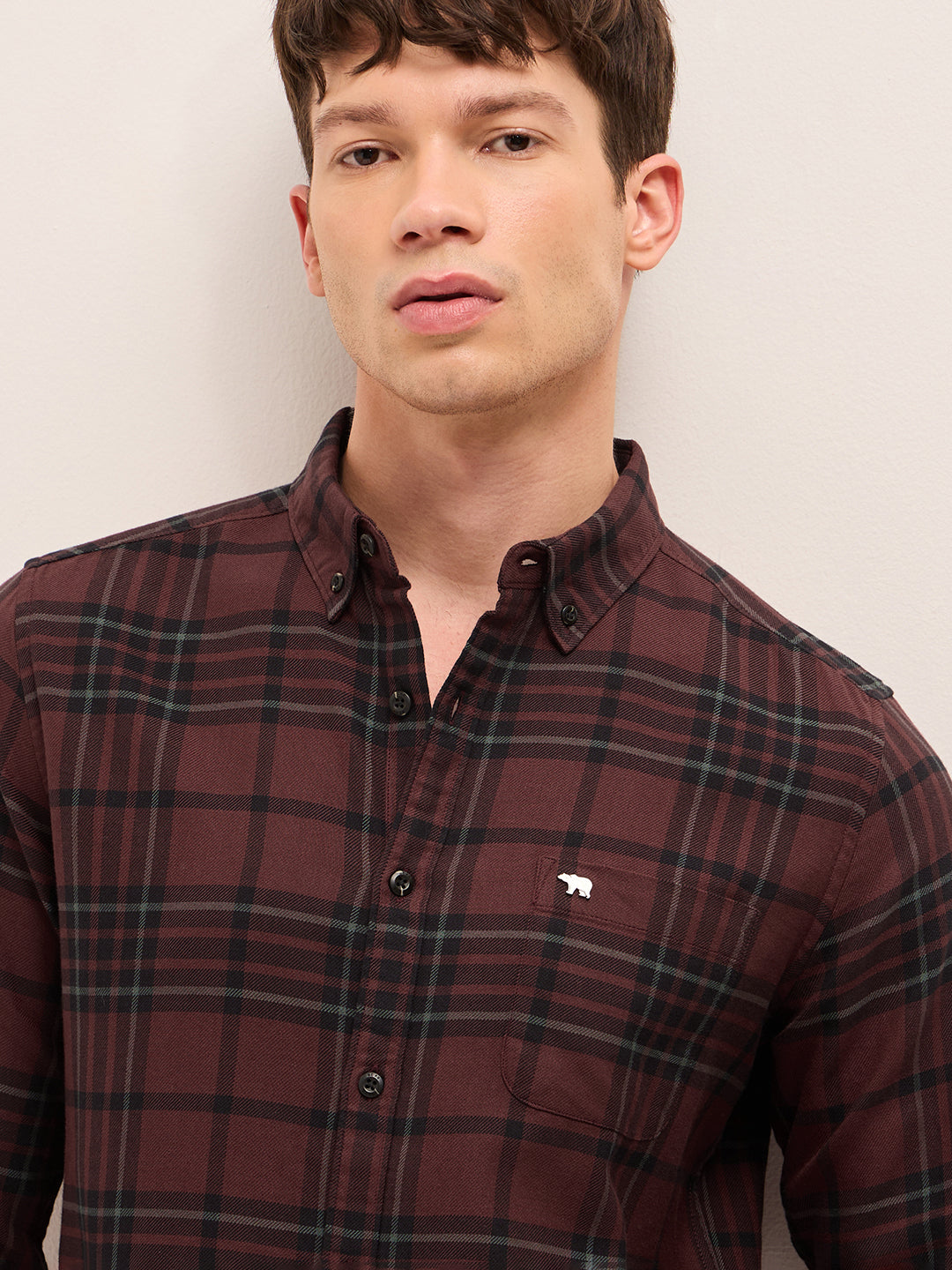 Maroon Checked Slim Fit Casual Shirt with Button-Down Collar