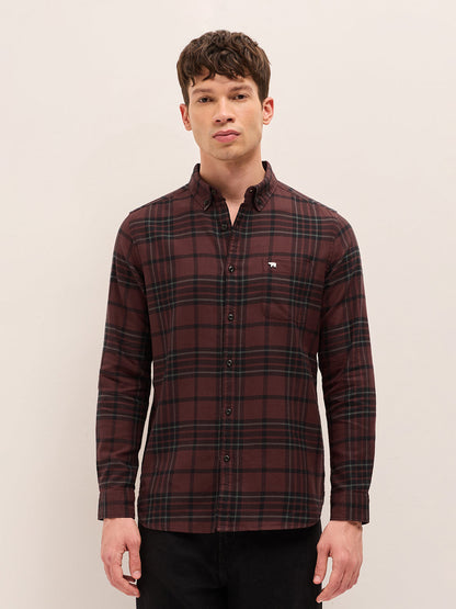 Maroon Checked Slim Fit Casual Shirt with Button-Down Collar